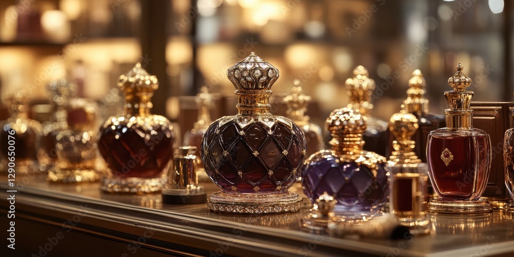 Elegant collection of shiny ornate perfume bottles showcasing intricate designs and luxurious craftsmanship. Elegant collection of shiny ornate perfume bottles showcasing intricate designs and luxurious craftsmanship.