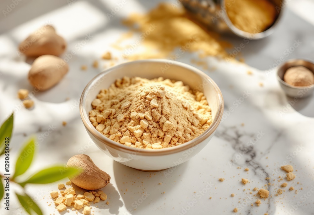 Bowl of nut powder on white surface with soft sunlight and scattered nuts. Bowl of nut powder on white surface with soft sunlight and scattered nuts.