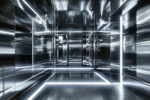 Modern and Futuristic Interior of a Shiny Metallic Corridor with Unique Architectural Design and Reflections in a High-Tech Environment