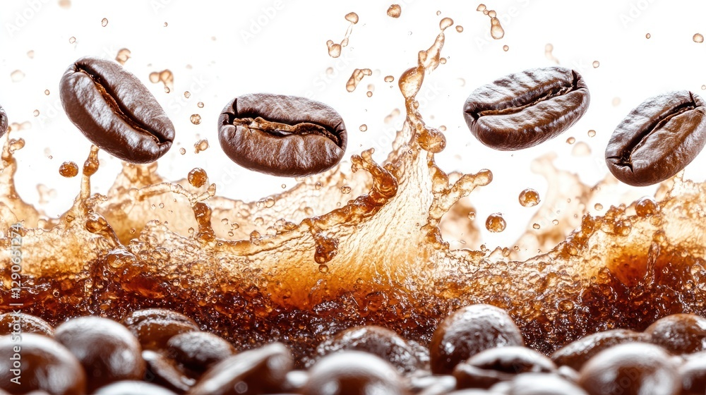 Coffee beans splashing in drink, studio shot Coffee beans splashing in drink, studio shot