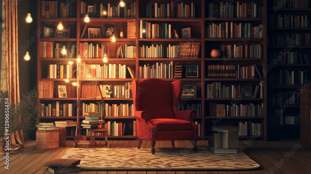 Cozy Reading Nook Featuring a Red Armchair, Warm Lighting, and a Bookshelf Filled With Books in a Tranquil Setting Cozy Reading Nook Featuring a Red Armchair, Warm Lighting, and a Bookshelf Filled With Books in a Tranquil Setting