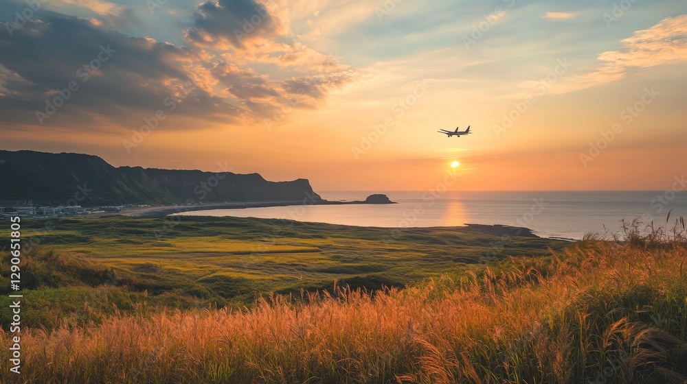 Beautiful Sunset Over Coastal Cliffs With an Airplane Flying in the Sky Near a Serene Beach at Dusk Beautiful Sunset Over Coastal Cliffs With an Airplane Flying in the Sky Near a Serene Beach at Dusk