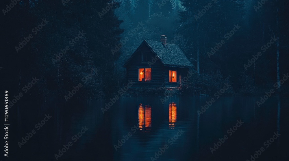 Cozy Cabin by Lakeside Under Warm Glow of Windows Cozy Cabin by Lakeside Under Warm Glow of Windows