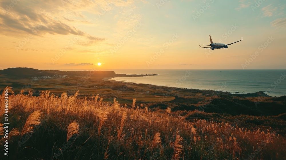 Obraz premium Beautiful Sunset Over Coastal Cliffs With an Airplane Flying in the Sky Near a Serene Beach at Dusk