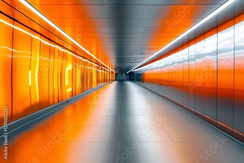 Futuristic corridor with vibrant orange and silver reflections in modern architecture, showcasing sleek design and innovative lighting effects