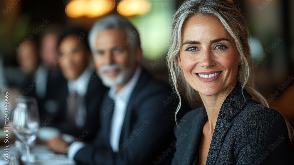 Confident Businesswoman Smiling at Camera with Colleagues in Background Confident Businesswoman Smiling at Camera with Colleagues in Background