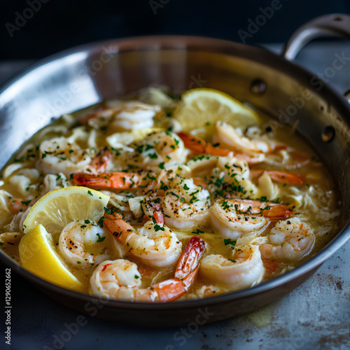 Garlic Butter Shrimp in a Skillet with Lemon and Herbs - Succulent Shrimp Scampi in a Creamy Garlic Sauce photo