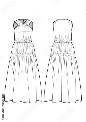 Smocked  shirring long maxi summer dress technical drawing / flat sketch /CAD / ADOBE Illustrator vector digital download	
