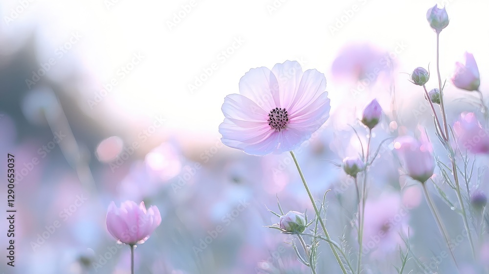 Fototapeta premium Soft pink cosmos flowers at sunset, field background, peaceful nature scene, ideal for greeting cards