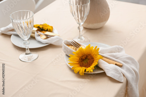 Konstfotografi Modern table setting with sunflowers. Closeup