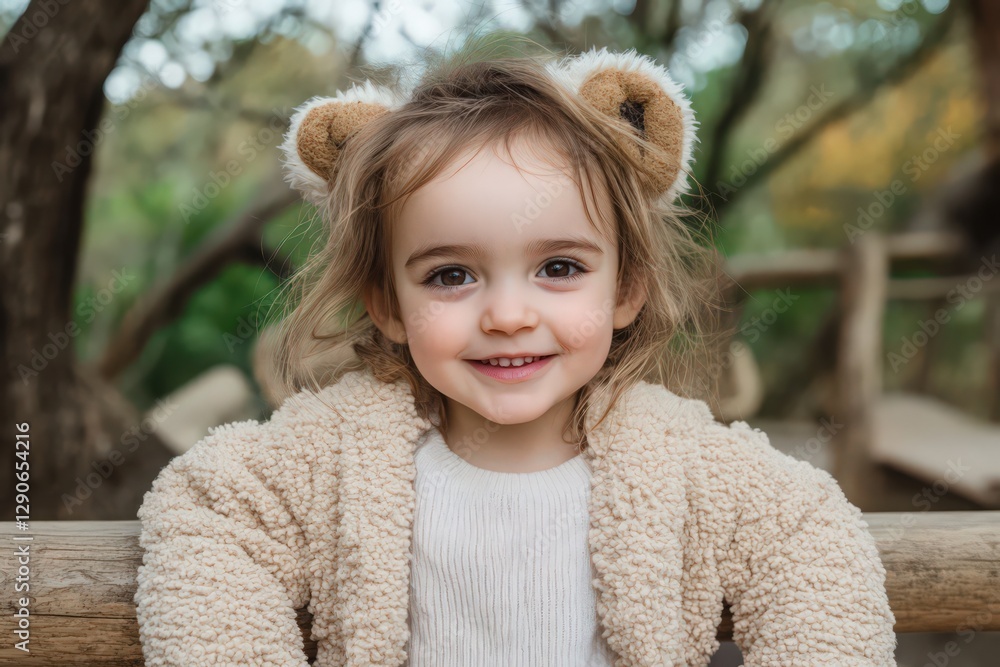 Smiling Toddler Girl in Beige Teddy Bear Outfit Outdoors Smiling Toddler Girl in Beige Teddy Bear Outfit Outdoors