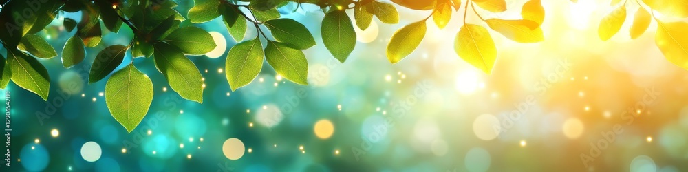 Obraz premium Magical Forest Sunlight, Abstract Nature Background with Bokeh and Oversaturated Greens