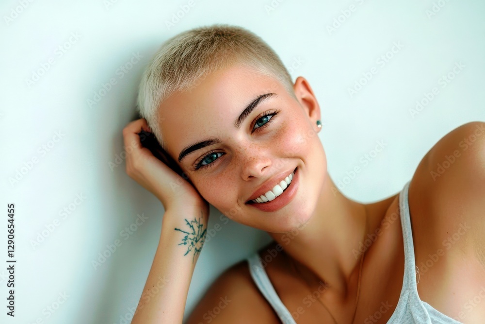 Young Woman with Short Hair Smiling Cheerfully at Camera Young Woman with Short Hair Smiling Cheerfully at Camera