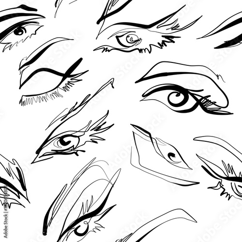 Black and white abstract female eye drawing line art seamless pattern 