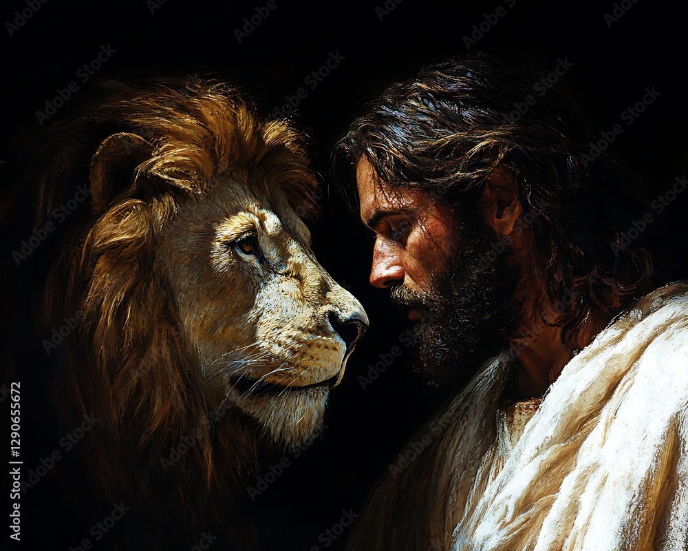 Man, lion, dark background, faith, religious art