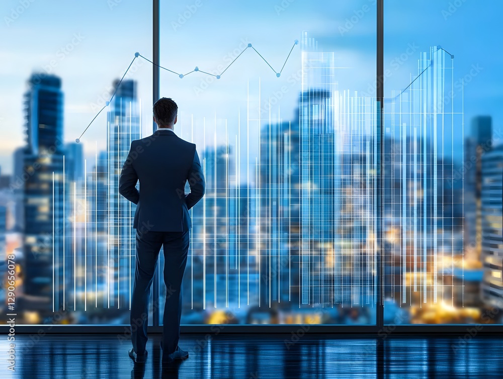 Businessman Analyzing Financial Data Against City Skyline at Dusk with Graphs Businessman Analyzing Financial Data Against City Skyline at Dusk with Graphs