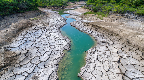 Climate Feedback Loops Global WarmingDried up riverbed with cracked earth and small stream of water