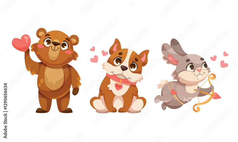 Fototapeta premium Valentine Day Animal Characters with Love Heart Vector Set