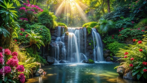 Serene waterfall amidst lush greenery and vibrant flowers