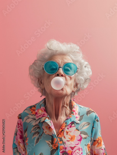 A happy grandmother is blowing a bubble gum bubble in a floral pattern, rejoicing in spring and summer.