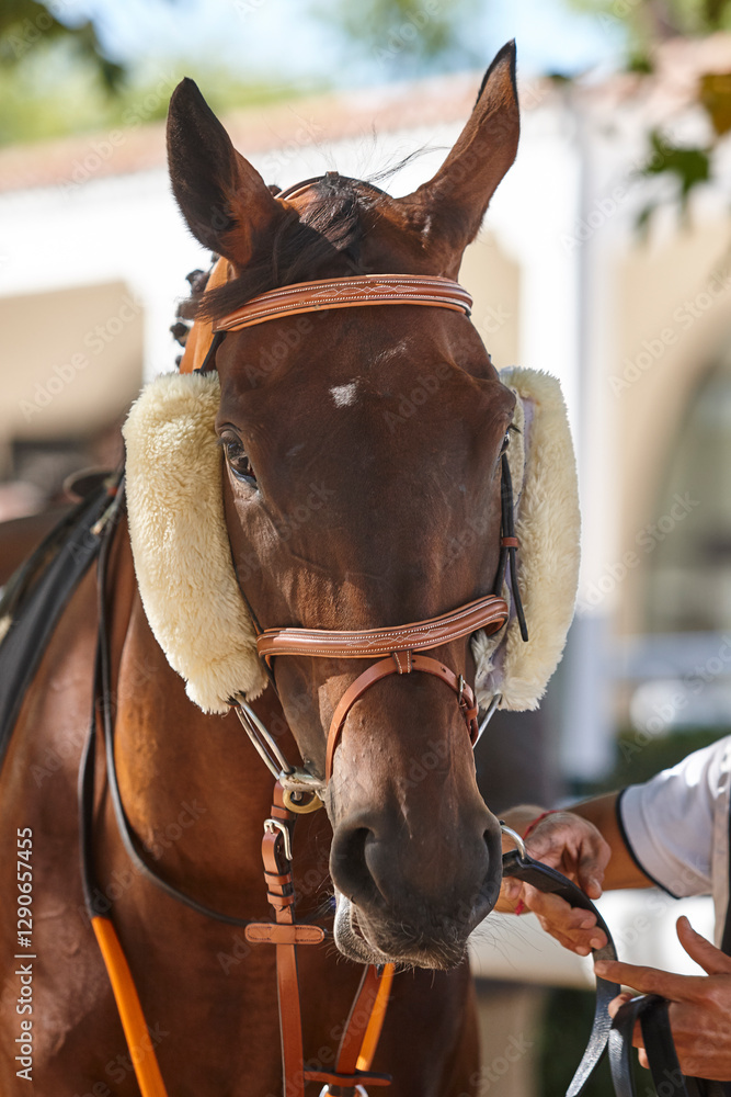 Race horse head detail. Purebred in the hippodrome. Turf