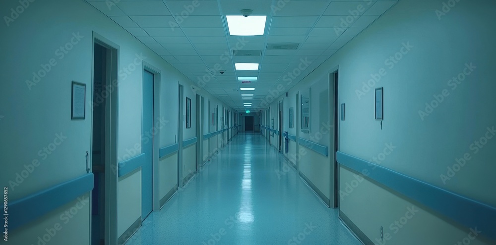 Spacious and serene hospital hallway featuring pristine white walls and calming blue accents, inviting tranquility. Spacious and serene hospital hallway featuring pristine white walls and calming blue accents, inviting tranquility.
