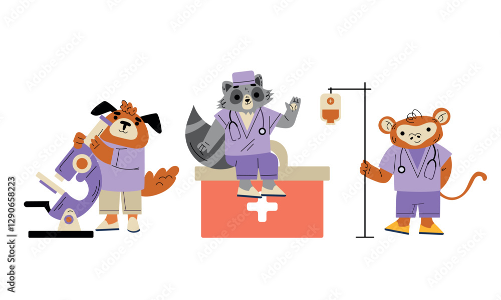 Fototapeta premium Animal Doctor Character Work in Hospital Vector Set