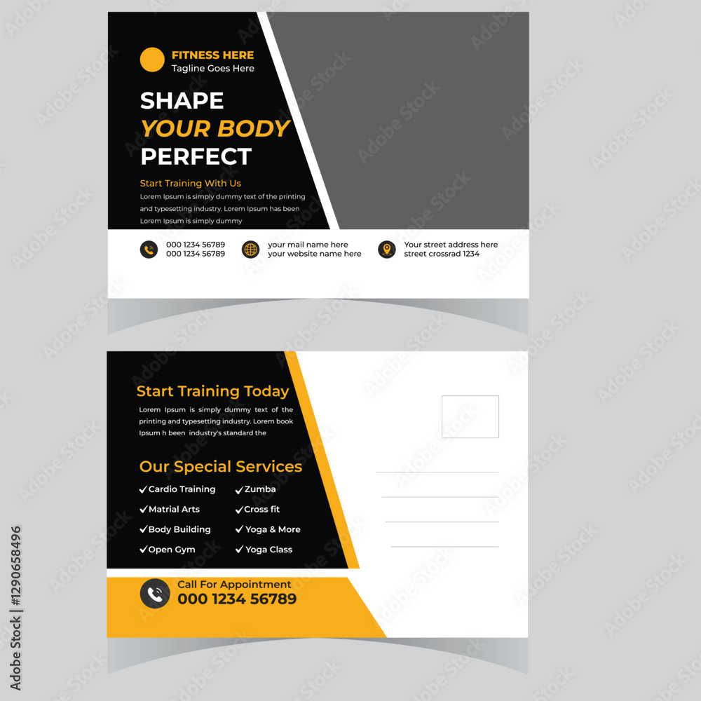Gym fitness Weight Loss Postcard template design Fitness trainer gym center postcard or design template Gym fitness Weight Loss Postcard template design Fitness trainer gym center postcard or design template