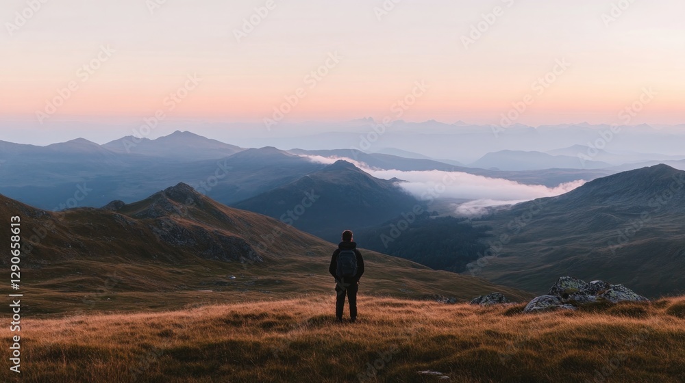 Fototapeta premium Expansive mountain landscape at dusk, enveloped in mist, invites