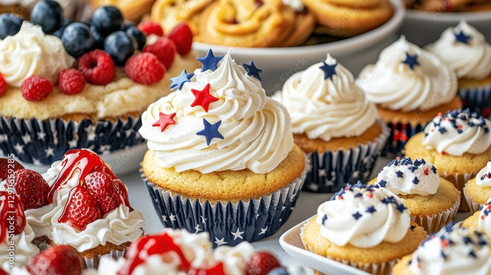 A collection of cupcakes and cookies, decorated with red, white, and blue icing, arranged on a white surface. A collection of cupcakes and cookies, decorated with red, white, and blue icing, arranged on a white surface.