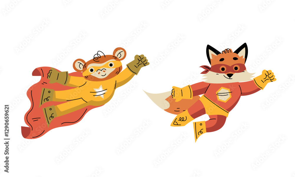 Fototapeta premium Animal Characters Superhero Dressed in Mask and Cape or Cloak Vector Set