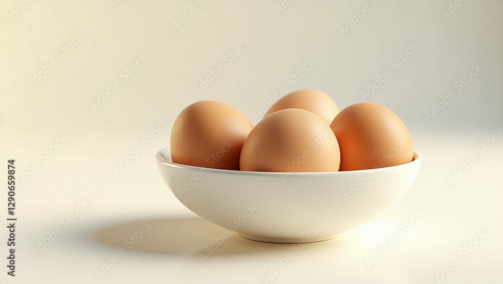Four brown eggs nestled inside a pristine white ceramic bowl Four brown eggs nestled inside a pristine white ceramic bowl
