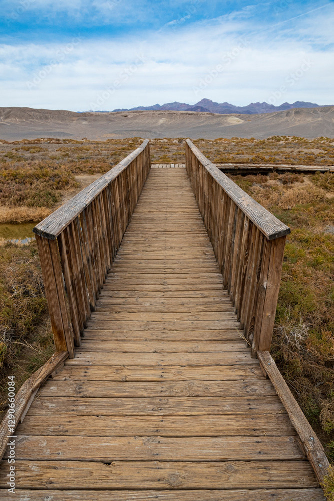 Fototapeta premium A picturesque wooden boardwalk stretches across a sunlit landscape, leading the viewer's eye toward distant mountains and showcasing the beauty of nature's simplicity.