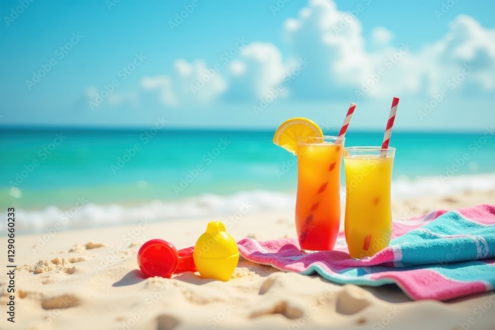 Kids' beach toys, vibrant towels, family-style drinks, bucket, sandcastle, drinks Kids' beach toys, vibrant towels, family-style drinks, bucket, sandcastle, drinks