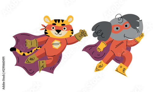 Animal Characters Superhero Dressed in Mask and Cape or Cloak Vector Set