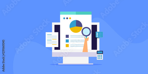 Hand with magnifier analysing business document and sales report on computer screen, financial analytics concept.
