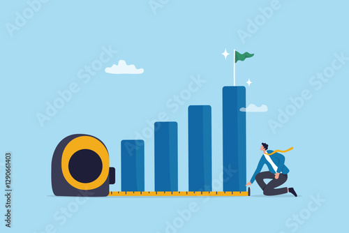 Measure success, growth or KPI, key performance indicator to compare with benchmark, growing progress, improvement or evaluation concept, businessman measure success growth graph with measuring tape.