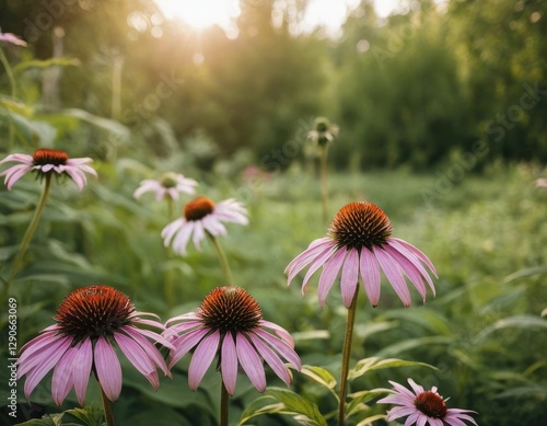 There is a bunch of beautiful purple flowers growing in a field