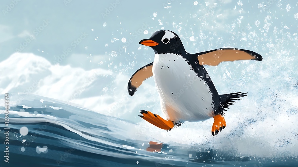 Obraz premium A playful scene of penguins sliding on ice in the Arctic