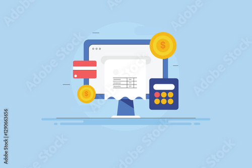 Pay tax online, company audit and accounting. Taxation bill on computer screen with bank card and calculator business concept. 