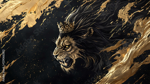 A striking black-and gold design of a roaring lion