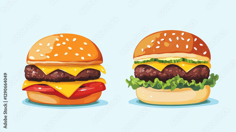 Set of colorful cartoon fast food icons isolated restaurant tasty american cheeseburger meat and unhealthy burger meal vector illustration. Set of colorful cartoon fast food icons isolated restaurant tasty american cheeseburger meat and unhealthy burger meal vector illustration.