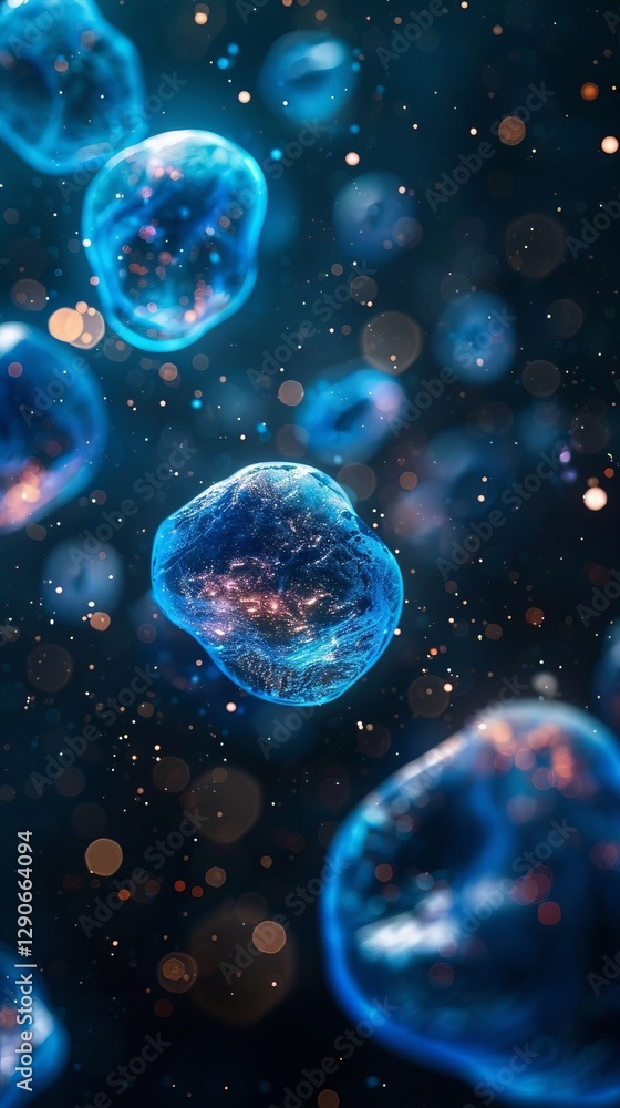 Abstract Glowing Blue Bubbles in Dark Space Microscopic Cell Science Technology Background Abstract Glowing Blue Bubbles in Dark Space Microscopic Cell Science Technology Background