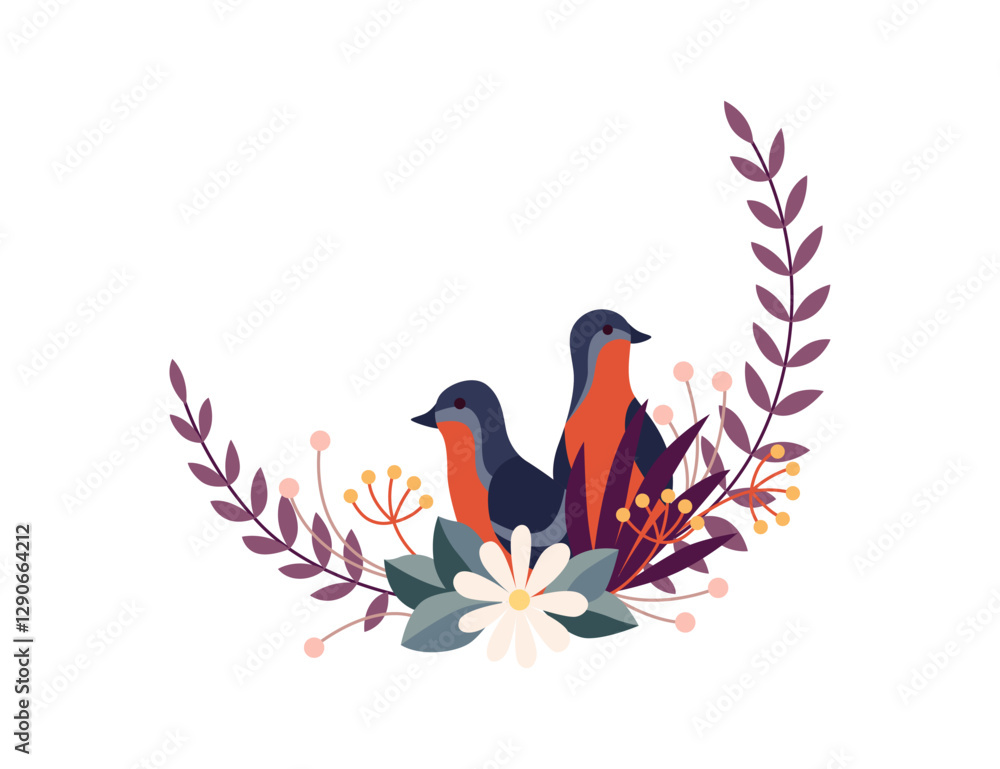 Obraz premium Round flower bird frame, vintage wreath with blossom. Folk art, ornamental frame with floral composition. Bright illustration, can be used as creating or invitation card