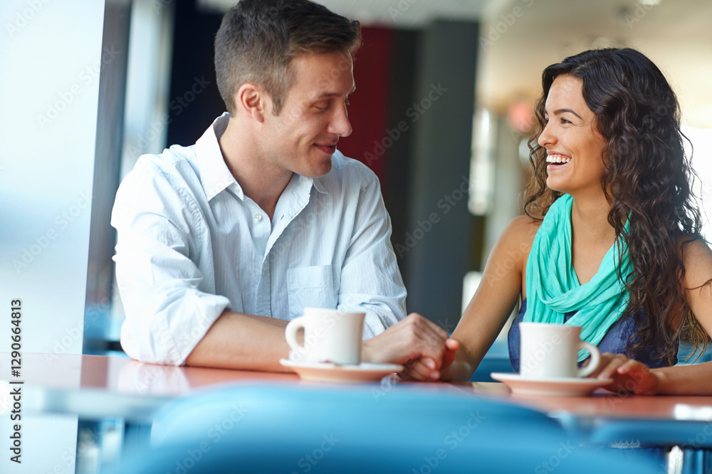 Couple, holding hands and smile at cafe for talk, bonding or love with funny joke in morning. Man, woman and support with conversation, drinks or tea with laugh, memory or chat on date at coffee shop Couple, holding hands and smile at cafe for talk, bonding or love with funny joke in morning. Man, woman and support with conversation, drinks or tea with laugh, memory or chat on date at coffee shop