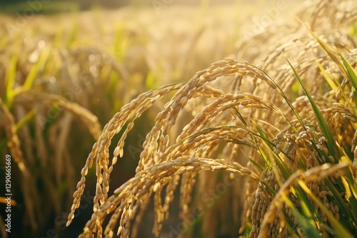 Golden rice fields sway gently in sunlight, showcasing lush grai