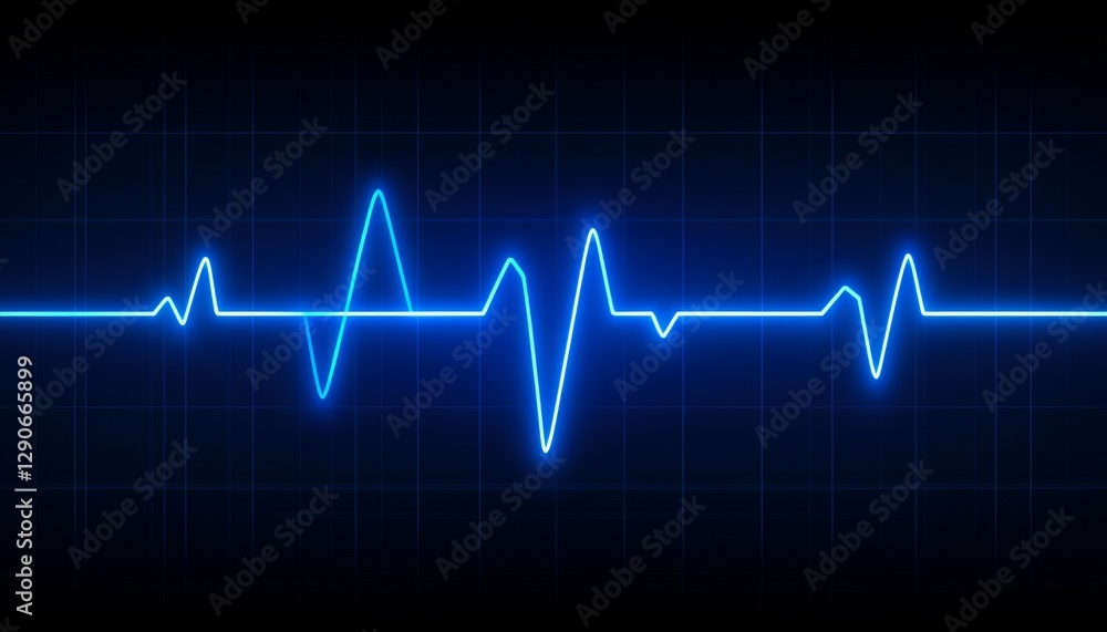 Glowing Blue Heart Rhythm Line with Flatline on Dark Blue Graph Background, Medical Concept Glowing Blue Heart Rhythm Line with Flatline on Dark Blue Graph Background, Medical Concept