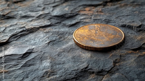 A blank metallic coin, slightly oxidized, resting on a rugged stone texture