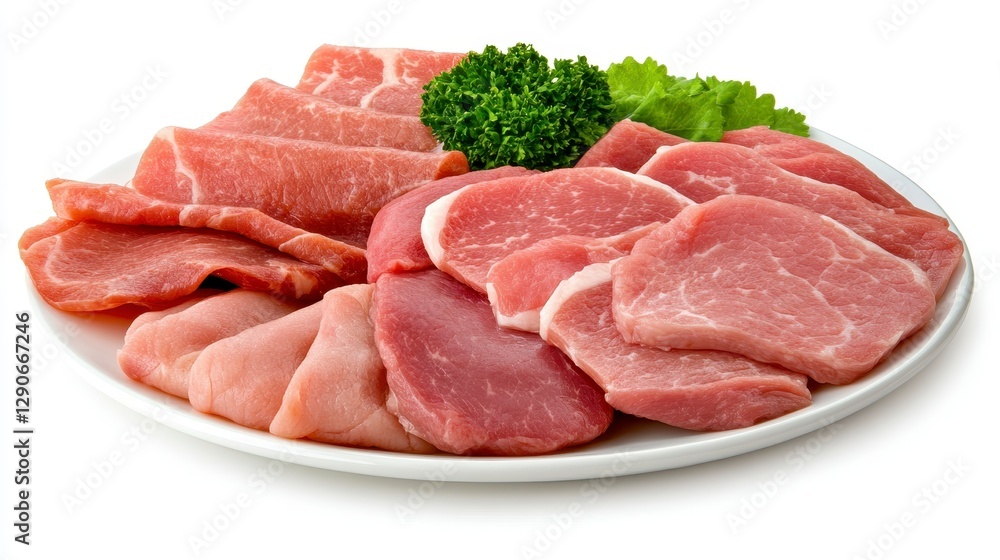 Assorted Slices of Raw Pork on White Plate with Broccoli and Lettuce Assorted Slices of Raw Pork on White Plate with Broccoli and Lettuce