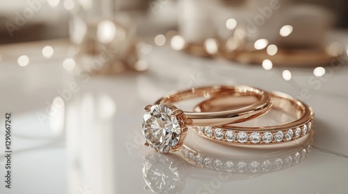 Elegant Wedding Rings Displayed on a Reflective Surface With Soft Lighting Creating a Romantic Atmosphere